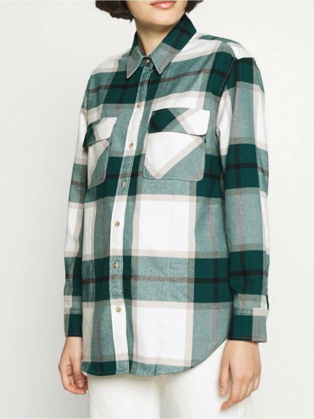Abercrombie & Fitch Oversized Flannel Plaid Button Up Shirt Green White Sz S